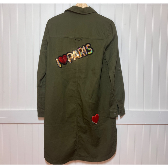 Forever 21 Patch Army Jacket Cargo Long Trenchcoat Pockets Patches Paris - Picture 3 of 9